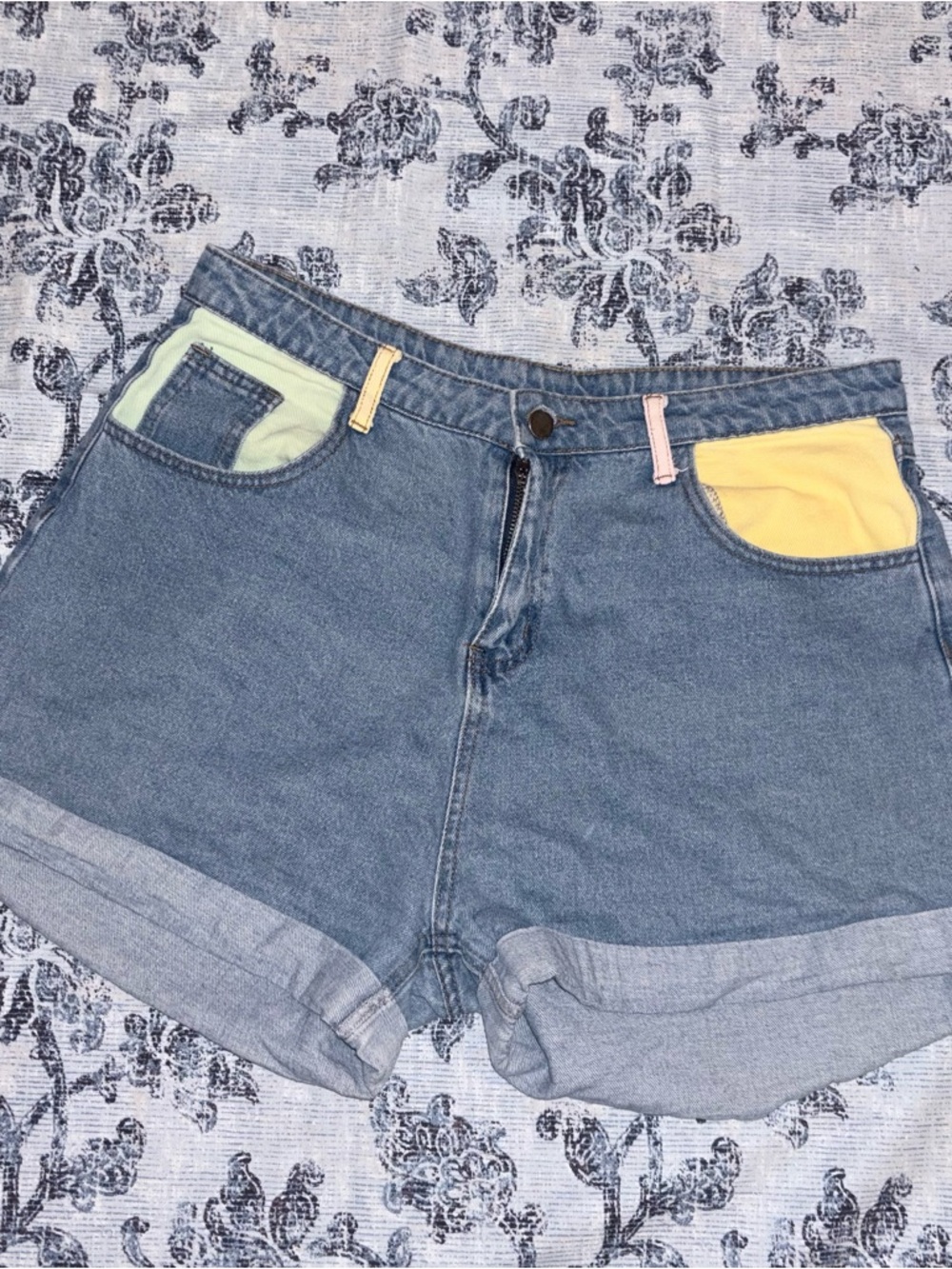 Princess Polly Blue Denim High-Rise Shorts with Pastel Yellow & Mint Pockets